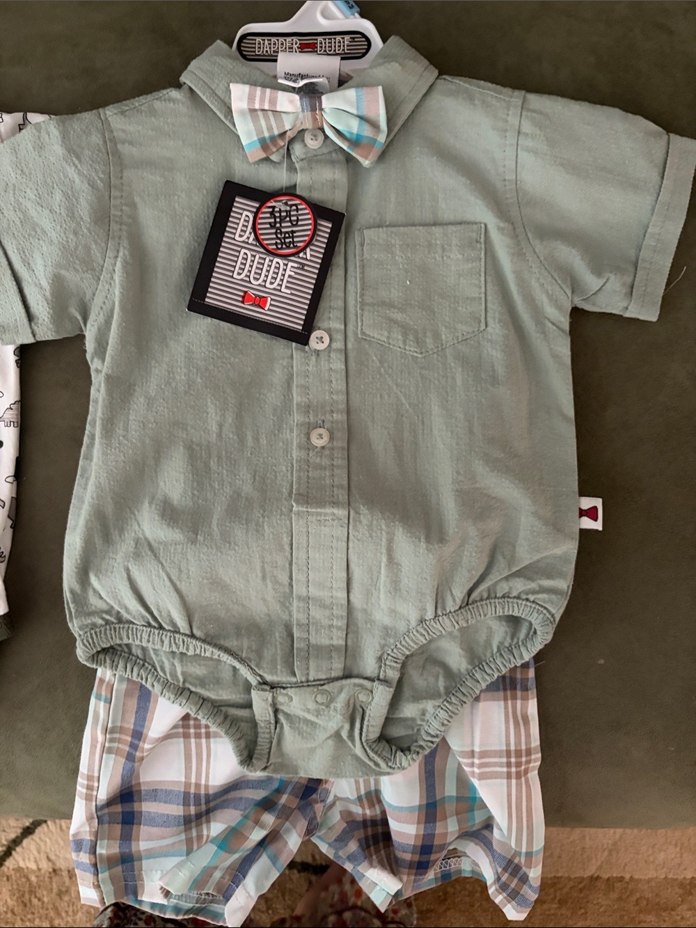 3 piece set!   Sage Green Button-Front Baby Shirt Bodysuit with Bow plus onesie